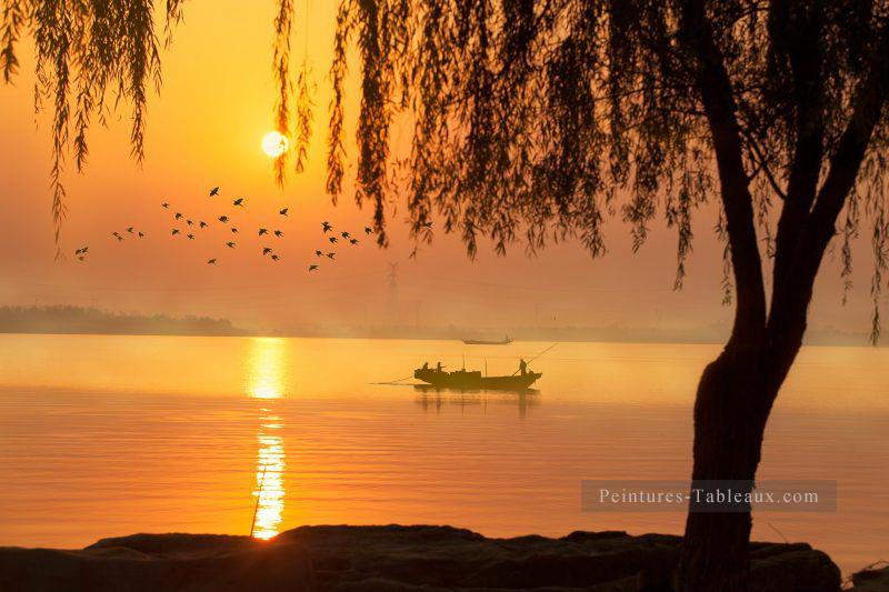 Bateau en Coucher de soleil sur le lac de la peinture de paysage à partir de Photos à Art Peintures à l'huile